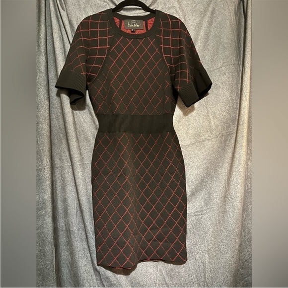 Nicole miller midi dress small black and red sheath short sleeves knee length - Picture 2 of 9